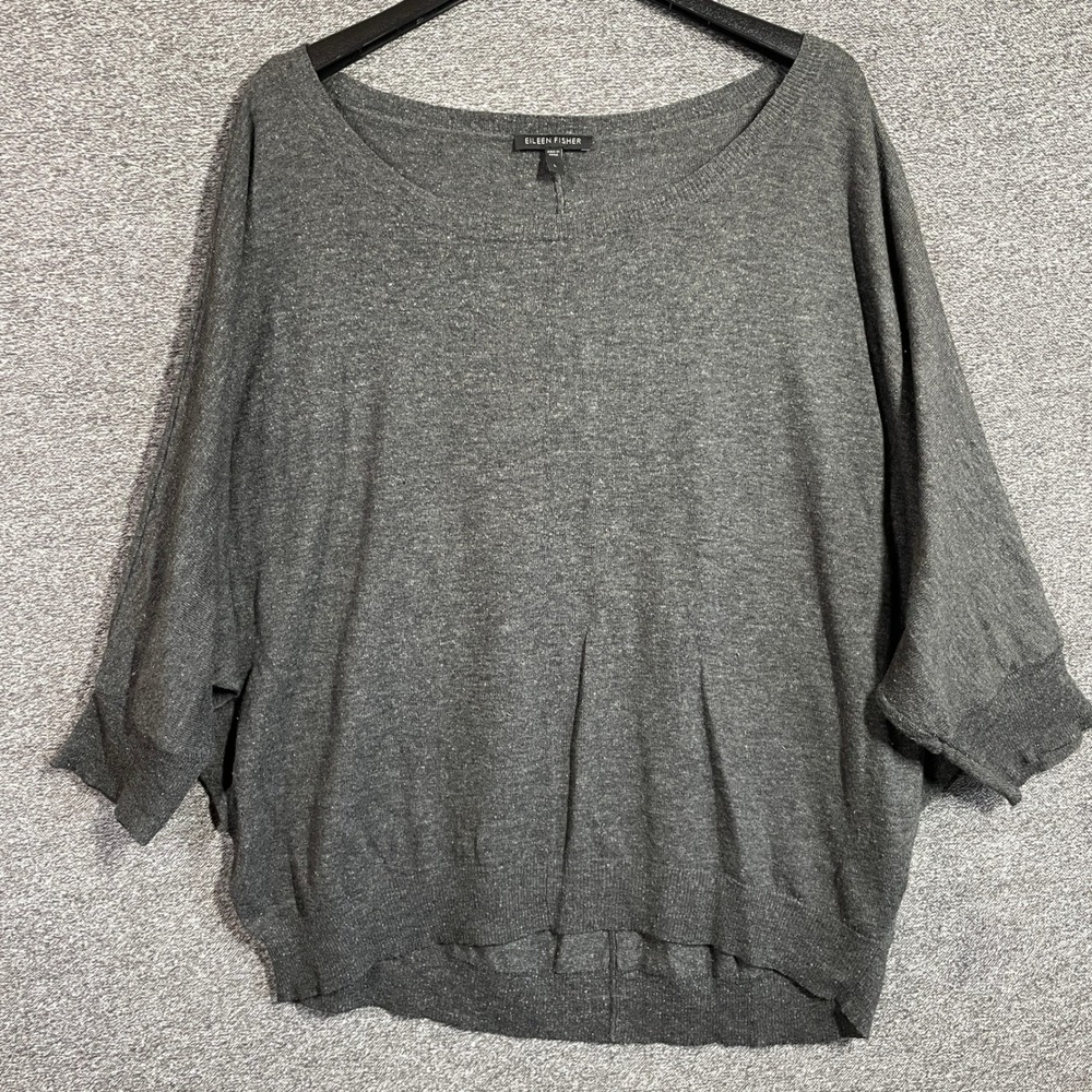 Eileen Fisher Wool Silk Blend Dolman Sleeve Sweater Grey Heather Scoop Neck L